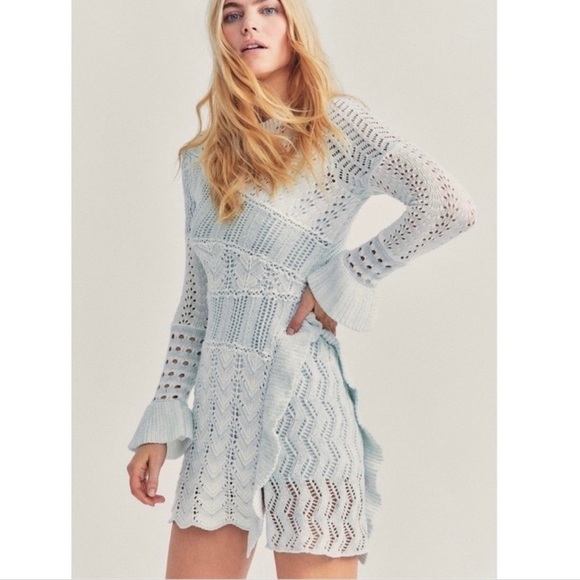 Loveshackfancy- NWT Blue and white “Kaelyn” Knit Long-sleeve Mini Dress - Picture 2 of 10